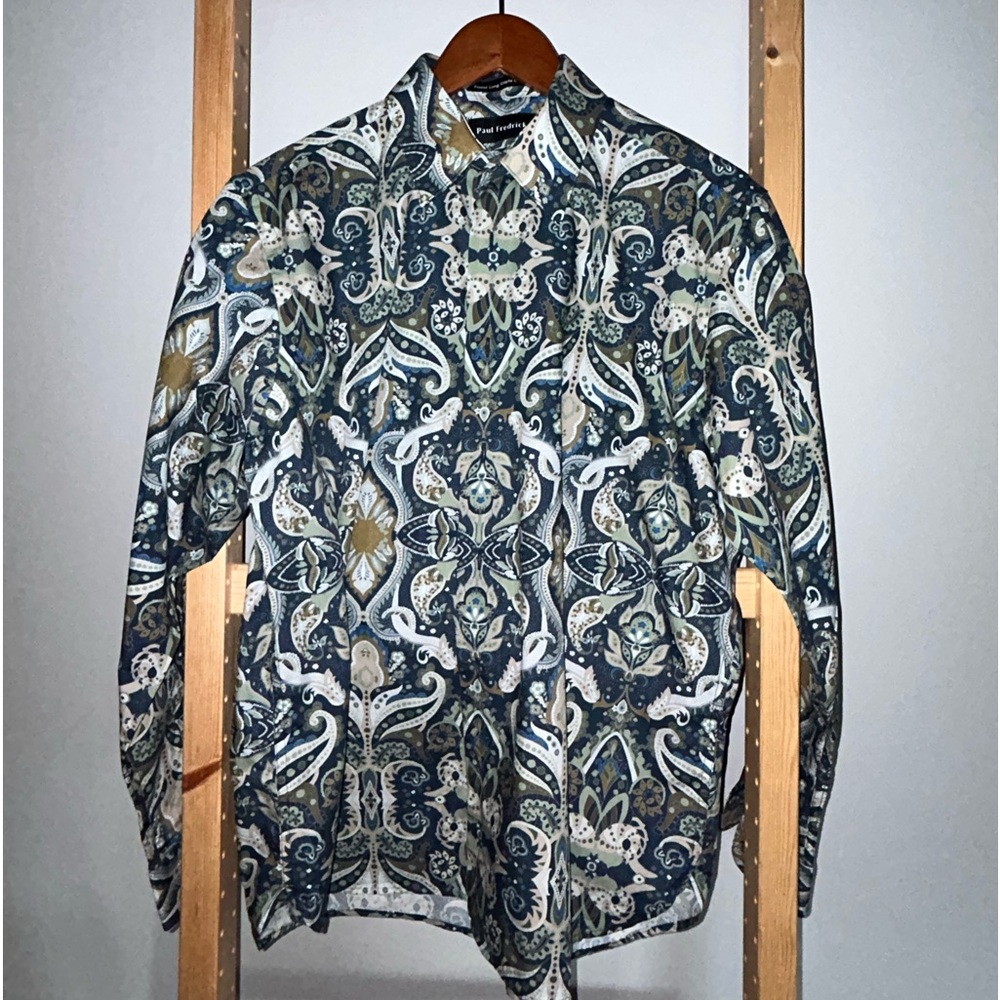 PAUL FREDRICK PAISLEY SHIRT Blue & Cream Size Medium Classic Fit